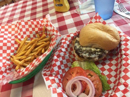 Black and Blue Burger and fries.  Excellent!