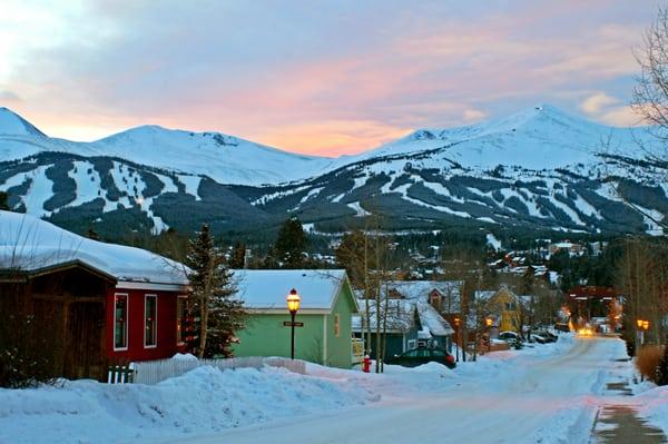 Sunset view of Breckenridge in the winter time.