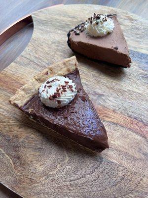 Pies by the slice: Kahlua Chocolate Cream Pie (front) & chocolate mint mousse