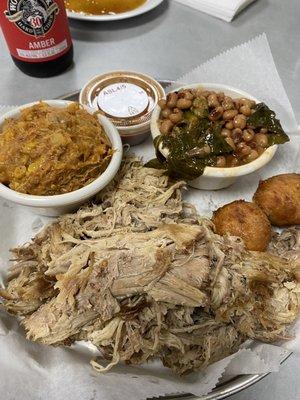 Pork plate, with bbq hash and black eyed peas with collard greens