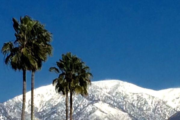 Snowy 10,000 ft. Mt. San Antonio, also called Mt. Baldy, viewed from Montclair Plaza.