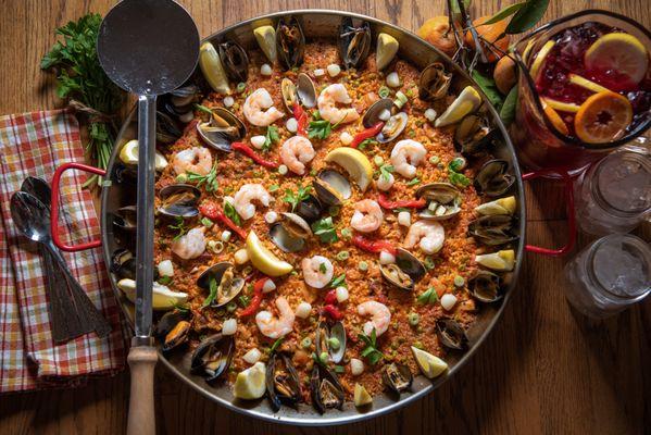 Signature Fiesta Paella- Chicken, Spanish Chorizo, Shrimp, Clams and Fresh Seasonal Vegetables