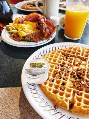 PB chip waffle, bacon & hash browns