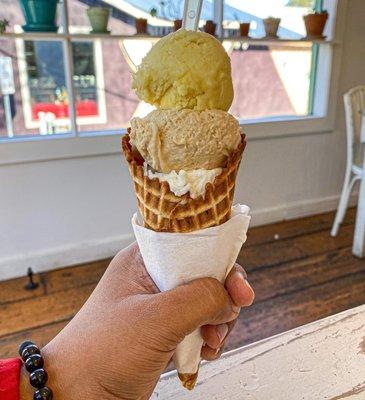 Waffle cone with 3 Scoops- Stracciatella(bottom), Organic Coffee(middle) and Pineapple Sorbet(Top).