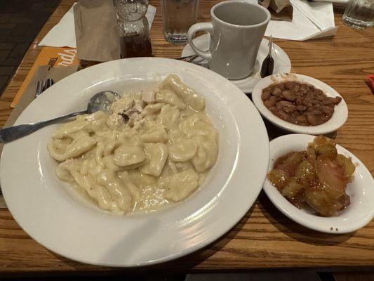 Chicken and dumplings with pinto beans and fried apples