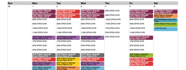 Sample weekly schedule! Always email us for the most up to date info: support@platformstrength.com