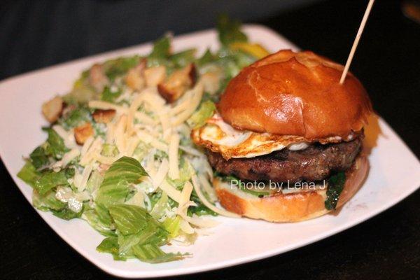 Lamb Burger ($17) - cumin spiced ground lamb, garlicky spinach, fried farm egg, roasted red onion aioli, challah roll