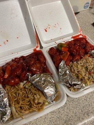 Left: Sweet & Sour Pork, Chicken Chow Mein, & Foil Chicken. Right: Sweet & Sour Chicken, BBQ Pork Fried Rice & Foil Chicken