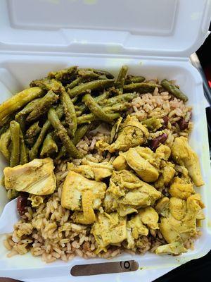 Curry chicken , string beans and rice beans