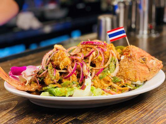 whole red snapper fish with homemade larb sauce