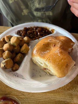 Knuckleball sandwich with fried okra and BBQ beans.