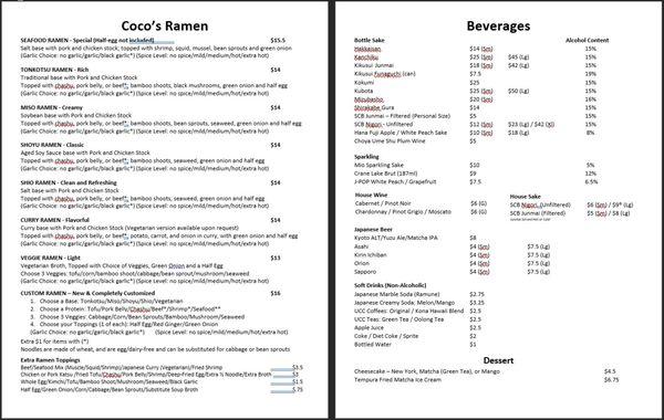 Menu of Ramen and Drinks and Dessert