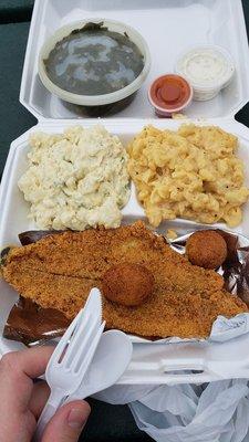 Fried catfish. Potato salad. Mac n cheese. Hush puppies.