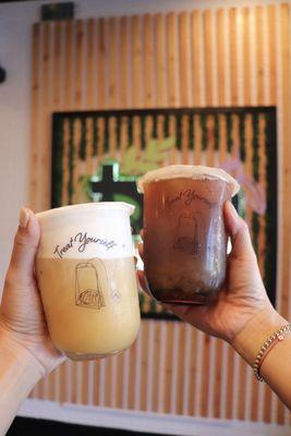 Left: Jasmine Green Tea with Signature Cream  Right: Brown Sugar Oolong Tea