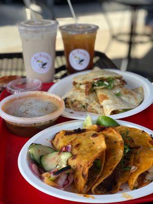 Birria (beef) tacos, Asada Mulitas, & Chicken quesadilla