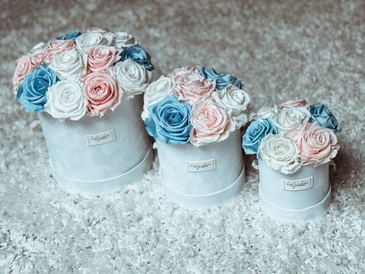 Haute Couture Round Box in White Velvet with Cotton Candy Pink, Diamond Blue and White forever roses from new Mother's Day collection