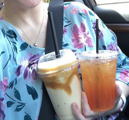 Banana caramel cheesecake shake and pineapple tea