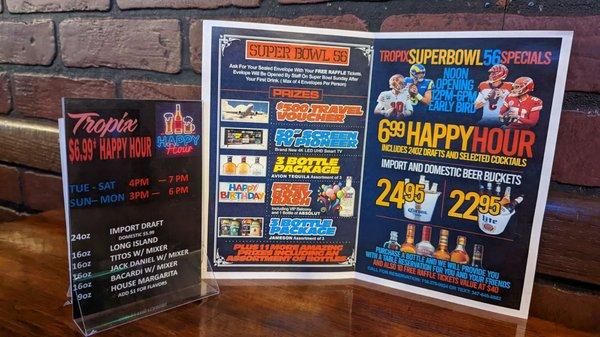 New Superbowl and happy hour specials!