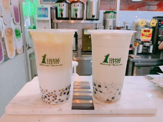 Oolong tea latte with mixed boba and four season milk tea with boba and oats