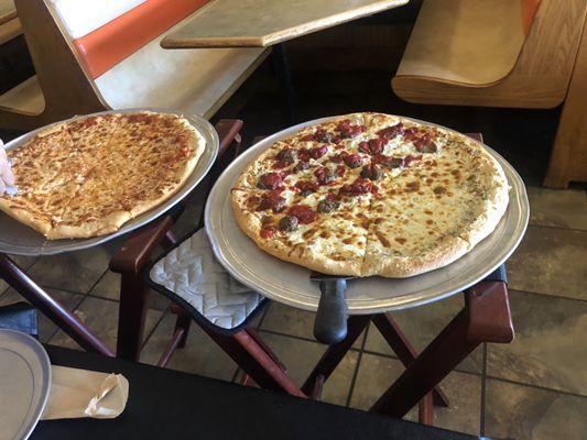 Cheese Pizza and White pizza, half meatball and marinara