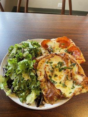 Pistachio Mortadella and Pesto and pepperoni pizza slices w balsamic salad.