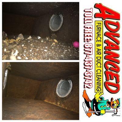 Fiberboard ductwork before and after. Our system can clean. All types of ductwork without damage.