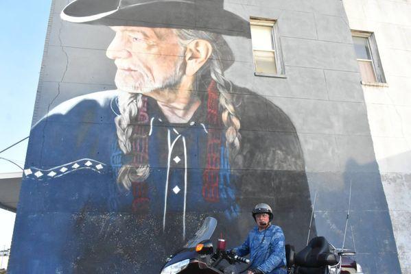 Willie Nelson Mural in front of the Old Corner Gulf in downtown Hillsboro, Texas