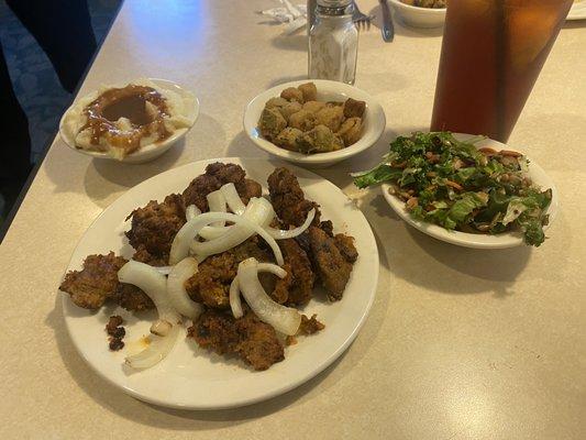 Chicken Livers and Onions Salad, Okra and Mashed Potatoes and Gravy