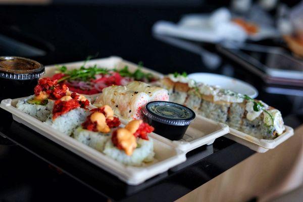 PB Heat Roll, Tuna Pizza, Wagyu Beef Tartare Roll, and Butter Krab Roll