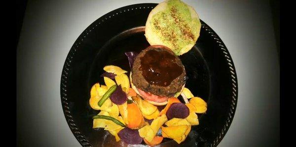 Ultimate Vegan Burger with Whiskey BBQ sauce & Vegetable Chips