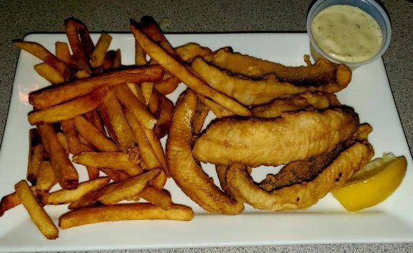 Lake perch and extruded fries.