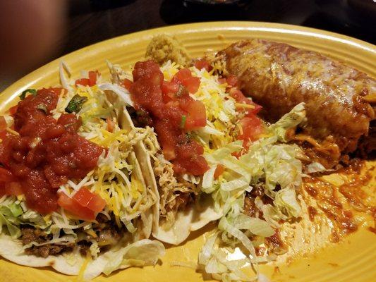 Beef tacos in a soft shell and a pork tamale