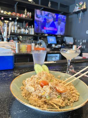 Chicken fried rice , lychee Martini