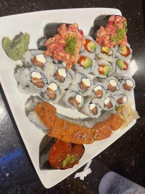 Philly Roll, Habanero Salmon, Ikura Salmon Roe, Undersea Roll, and California Roll w/Masago Roe