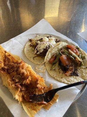 Nopales taco, mole chicken taco pork tamale. Just like mama used to make it. What a wonderful experience. Two thumbs up.