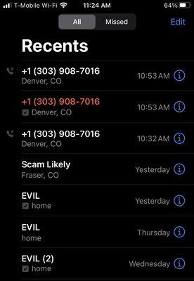 Here is the call log from today showing them calling me back just to hang up on me.