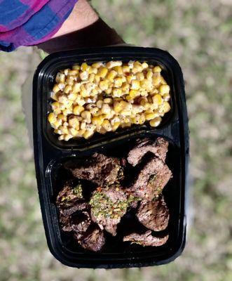 Creamed corn with medium well angus top sirloin