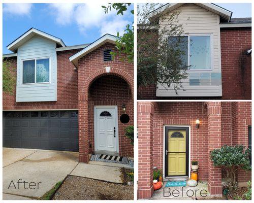 new siding & paint, new paint on garage door and front door, power washed brick