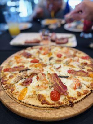 Norden Pizza with mushroom fresh mozzarella tomatoes bacon and shrimp