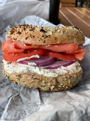 Bagel with Lox, cream cheese, tomato, onion capers - TO DIE FOR!