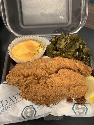 Fried catfish, greens, shrimp rice, and cornbread