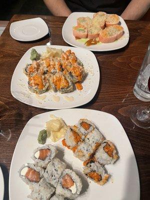 Sweetheart roll, Robin roll, Salmon cream cheese, spicy salmon