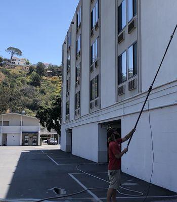 Mission Valley water fed pole allowing for a quick and effective clean while minimizing the impact on businesses