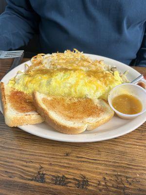 Meat Lover's Omelette, hash browns salsa and toast