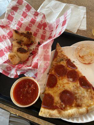 Pepperoni pizza, & garlic knots.