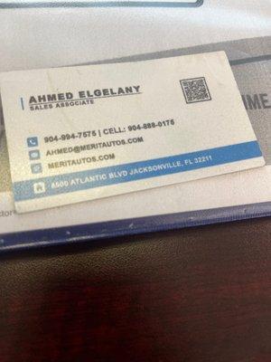 Ahmad Elgelany .. business card .. one of the best to do it and consistent he got me in and out and qualified with everything