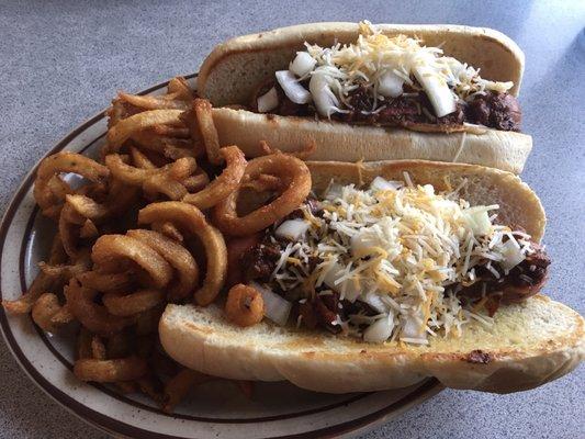 Two coneys with curly fries