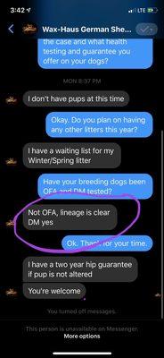 Breeder admitting to breeding dogs that have not had proper health testing.