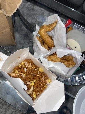 Chicken fried rice, chicken wings, crab Rangoon