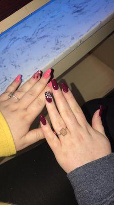 (L) Gel Manicure (Coffin + 2 Designs)- $60 (R) Regular Acrylic Manicure (Coffin + 2 designs) - $42